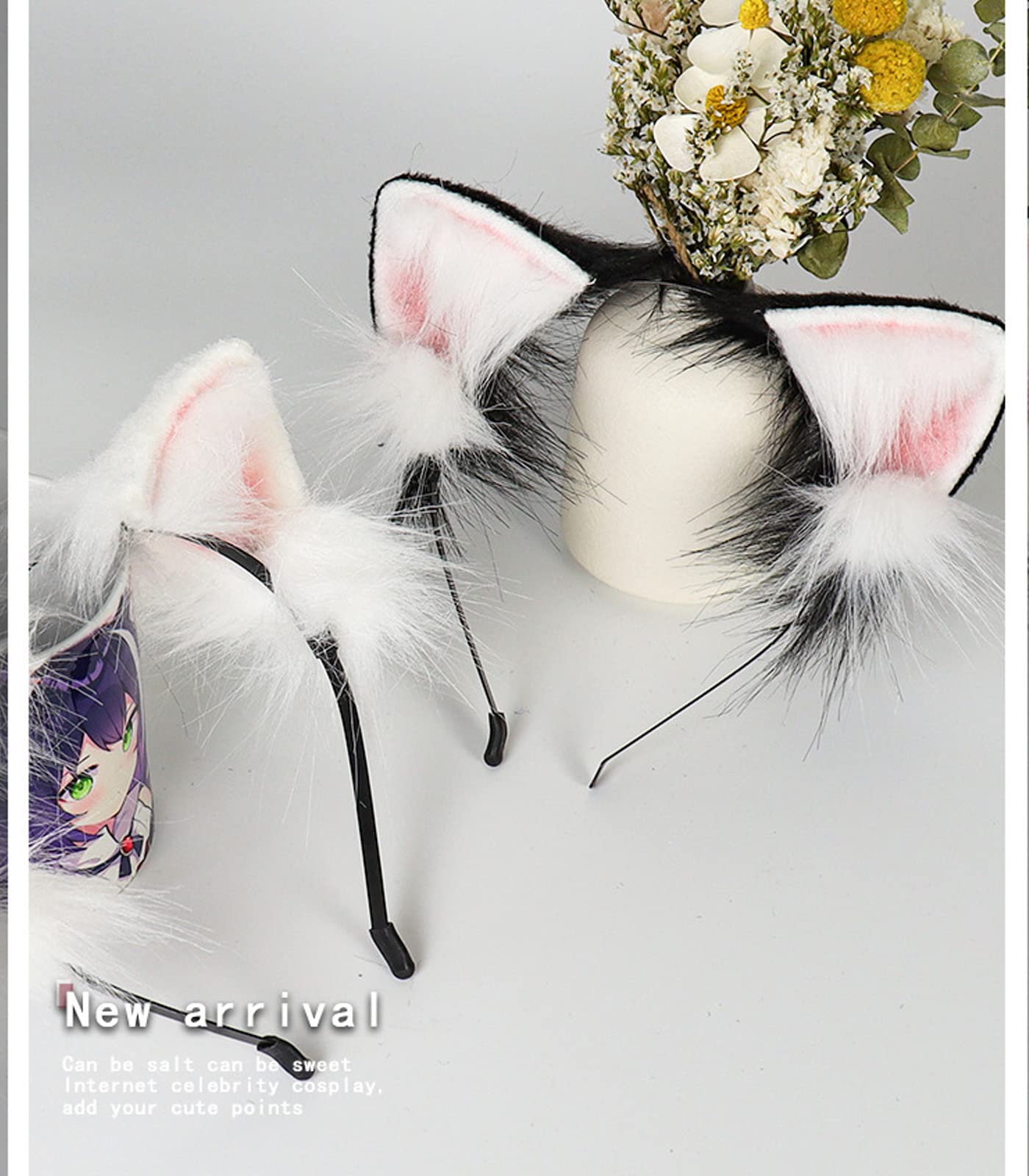 Cat Ears Long Fur Headband Handmade Cute Halloween Fancy Dress Cosplay Animal Furry Wolf Ears Hair Hoop (White)