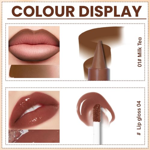 HOSAILY Lip Liner Gloss Set, Dark Brown Plumping Lip Liner Lip Pencil Moisturizing Lightweight Lip Gloss Lip Combo, High Shine Glossy Lip Tint Lip Stain Makeup Long Lasting Lip Contour for Women