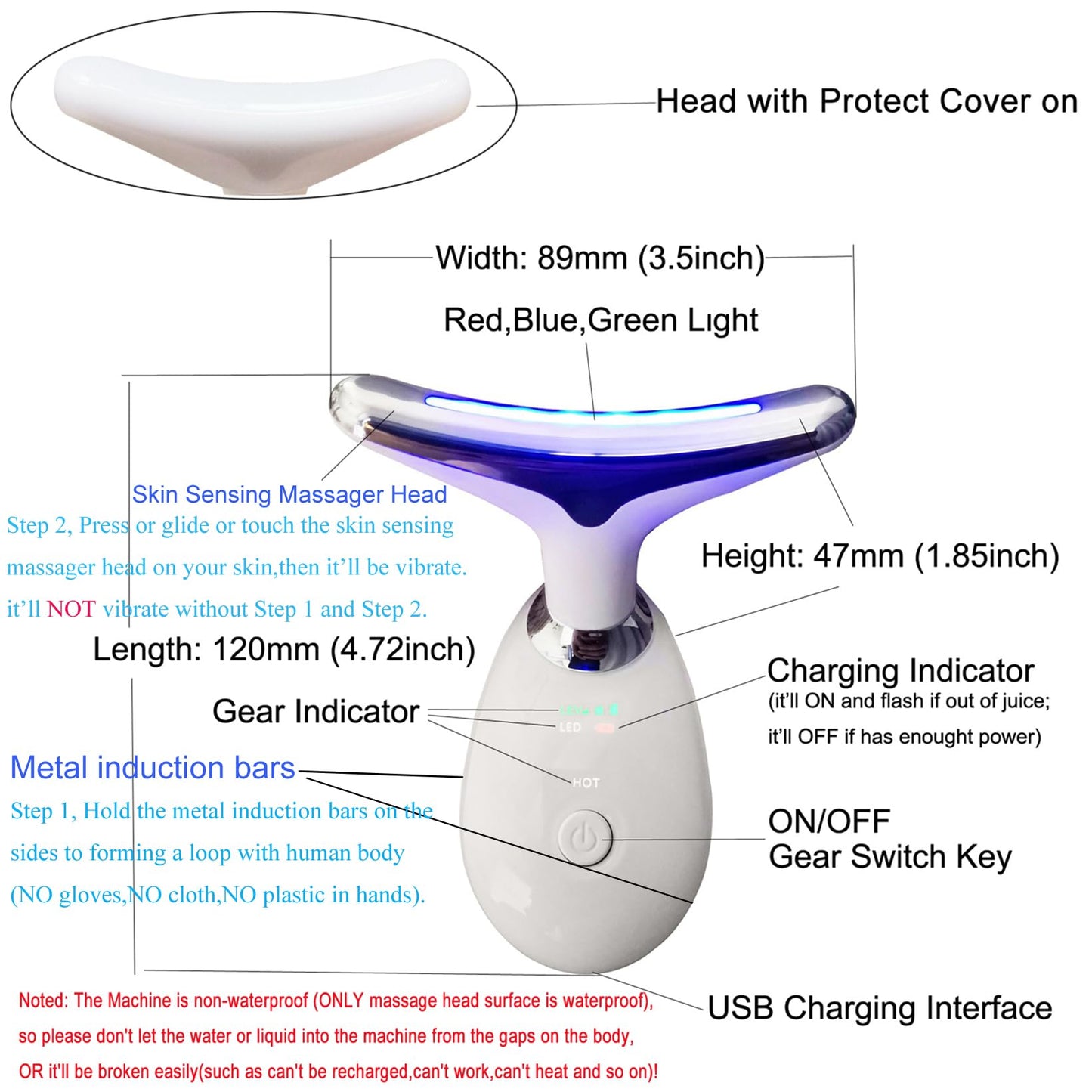 Face Neck Massager with 7-Color Light Modes for Skin Care,Tightening,Smoothness - Red LED Light Therapy Device Triple-Action Beauty Tool