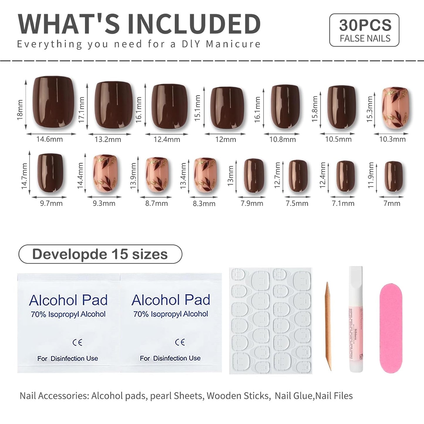 Skiennix Dark Brown Press-On Nails - Short Square Soft Gel with Gold Leaf & Glitter Accents | 30PCS Reusable Kit