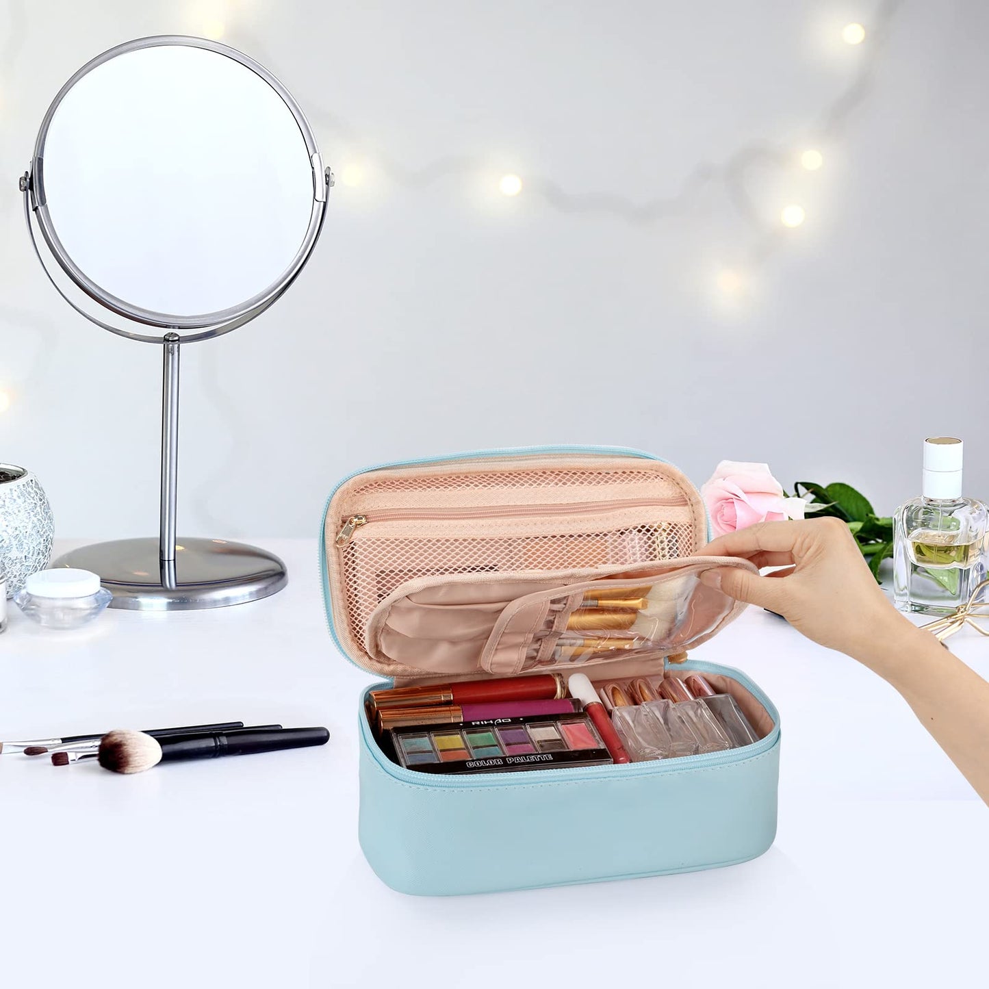OCHEAL Small Makeup Bag,Portable Cute Travel Makeup Bag Pouch for Women Girls Makeup Brush Organizer Cosmetics Bags with Compartment-Lake Blue