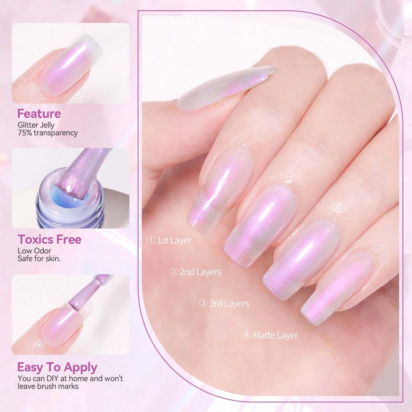 Born Pretty Jelly Gel Nail Polish Jelly Glitter Pearl Purple Gel Polish Shimmer Pearl Mermaid Natural Translucent Hema-Free Soak Off Gel Polish Nail Art DIY 15ML