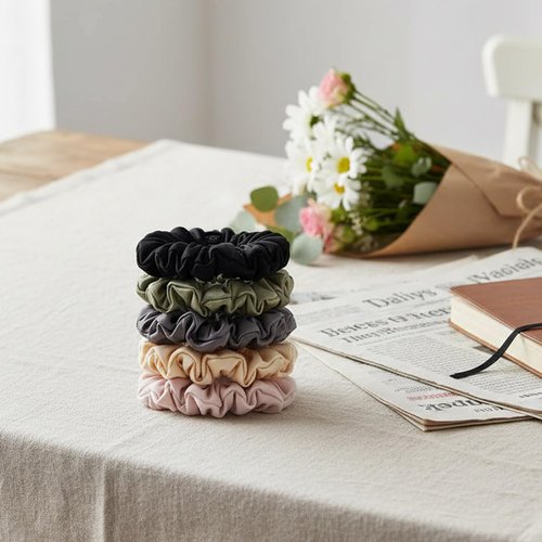 Satin Hair Ties Scrunchies for Women Ponytail Holder No Crease Thin Elestics Hair Scrunchie for Thick Curly Hair Sleep Daily Wear Hair Accessories 5 Pcs