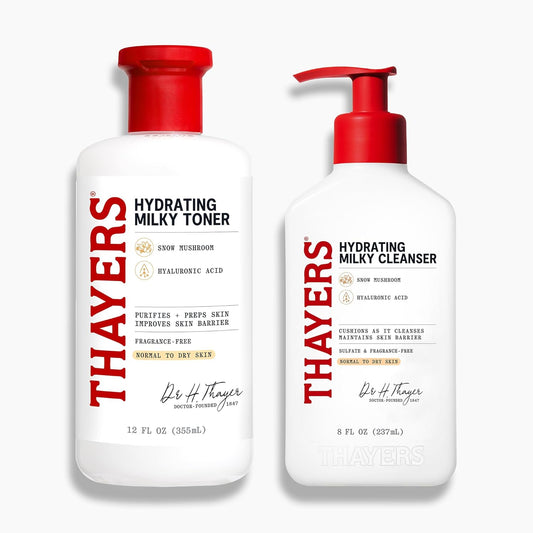 Thayers Milky Face Cleanser & Toner Bundle - Hydrating Skincare with Snow Mushroom & Hyaluronic Acid | 8 FL Oz & 12 FL Oz