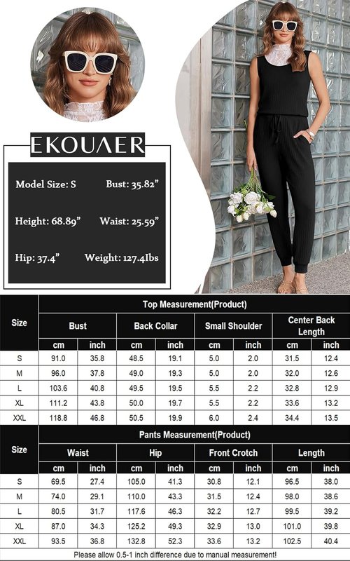 Ekouaer Jumpsuit for Women - Casual Summer Sleeveless Ribbed One-Piece Romper | Perfect for Vacation & Travel