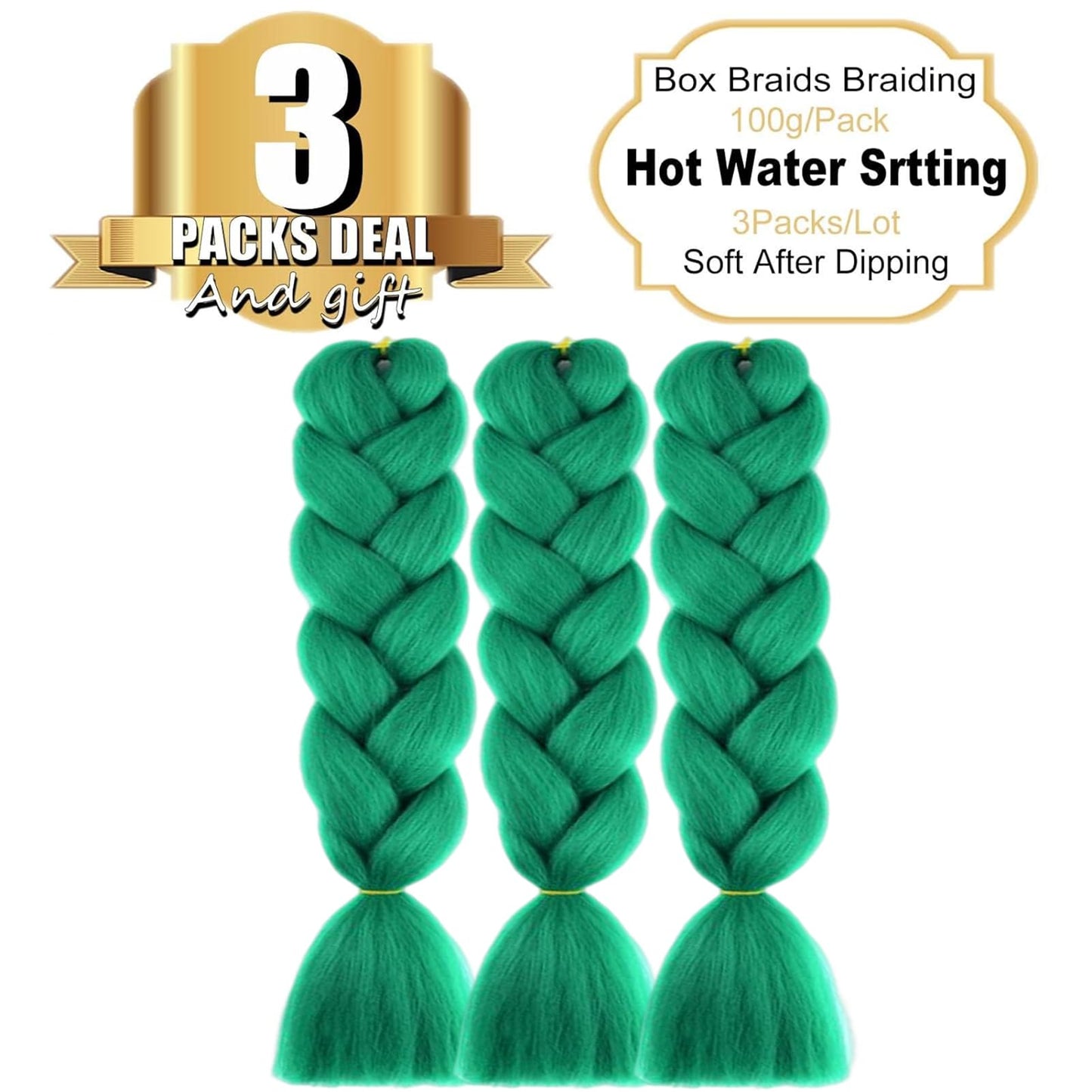TENGSHUO FLY Green Braiding Hair 3 Packs Synthetic Braid Hair Extensions Jumbo Ombre Braiding Hair 24 Inch or Box Braids Twist Crochet Braids(24"3Pack,Green)