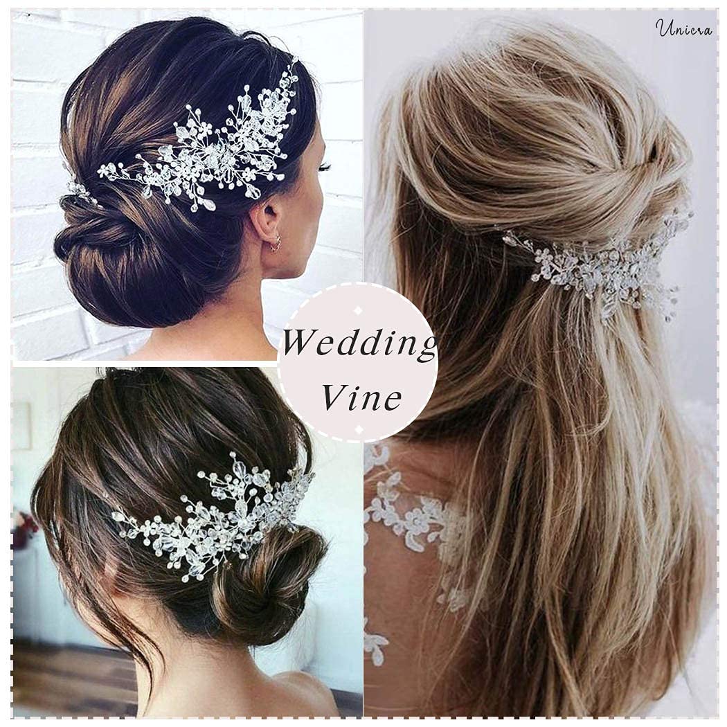 Unicra Bride Flower Wedding Hair Vine Crystal Bridal Hair Piece Rhinestone Party Hair Accessories Leaf Jewelry Bead Headpiece for Women and Girls (Silver)