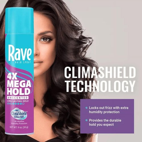 Rave 4X Mega Unscented Aerosol Hairspray - 24-Hour Hold for High Humidity - Vitamin-Enhanced Volume - 2 Pack