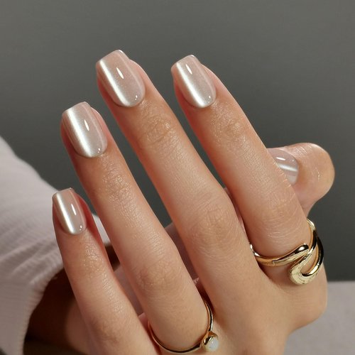 Cat Eye Nude Press on Nails Square - SHANGMENG Soft Gel Press on Nails Short for Women Gift, Fit Perfectly & Natural Stick on Nails with Glue in 16 Sizes - 32 Reusable Fake Nails, Light Nude