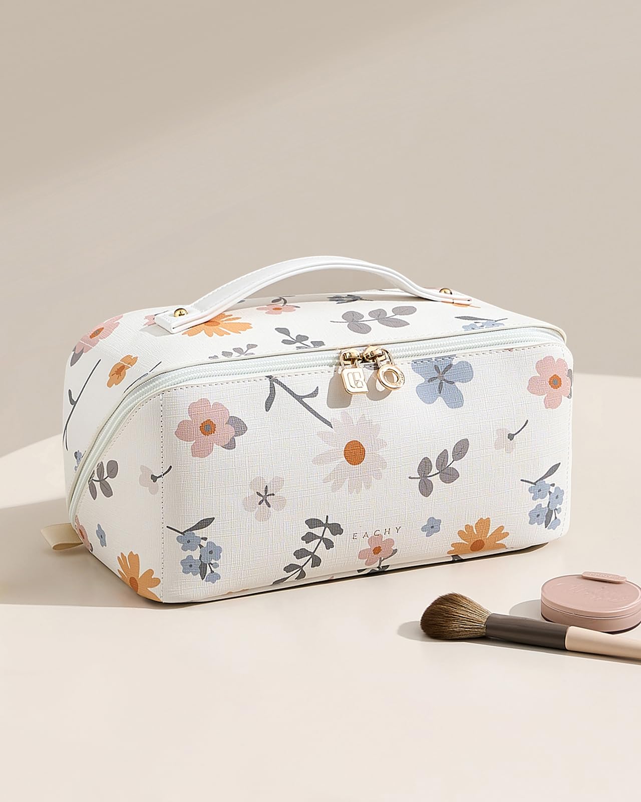 EACHY Travel Makeup Bag,Large Capacity Cosmetic Bags for Women,Waterproof Portable Pouch Open Flat Toiletry Bag Pattern Makeup Bag (D-White-Large)