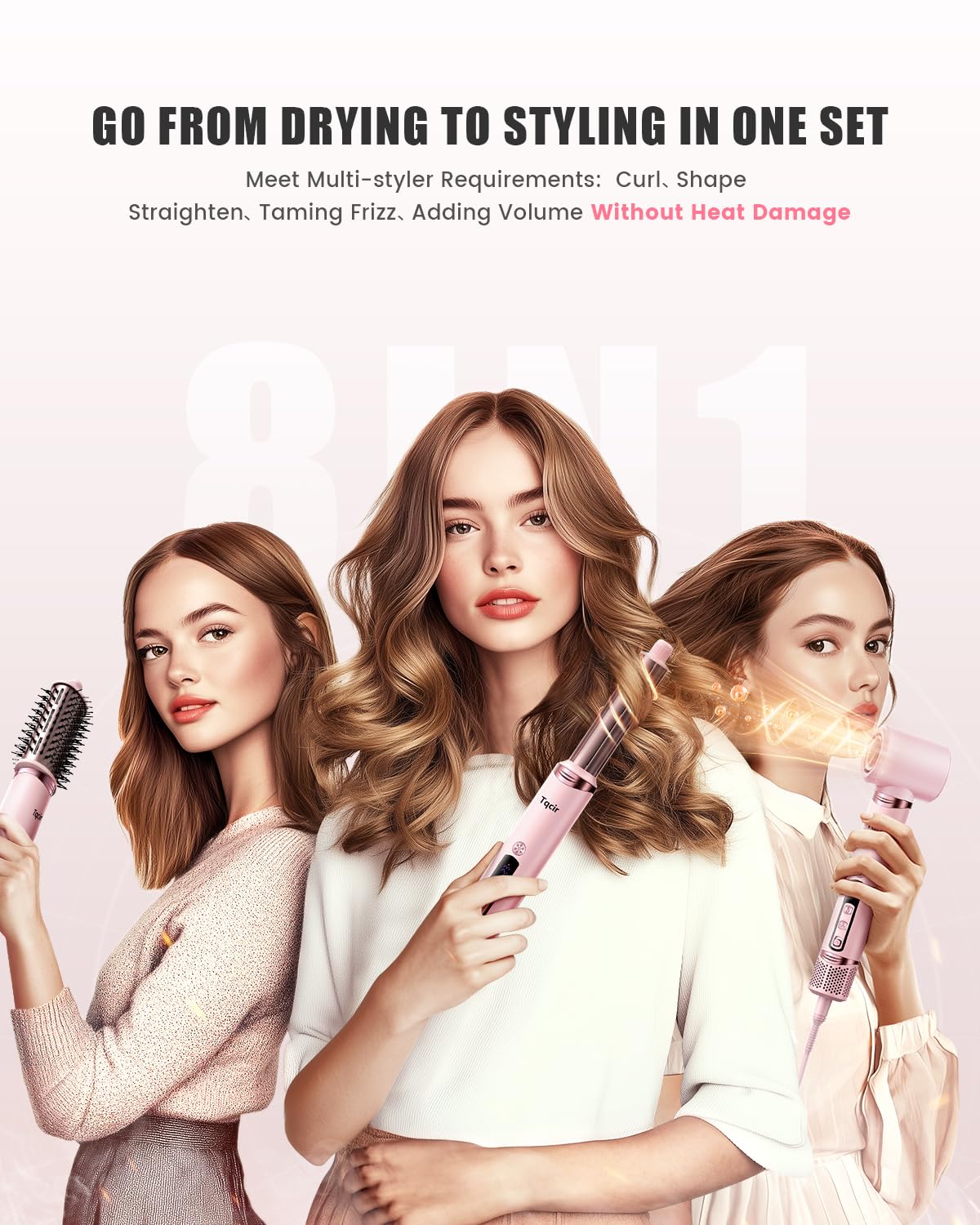 Tqcir 8-in-1 Professional Hot Air Styler - Powerful Multi-Styler with Auto-Wrap Curler | Pink