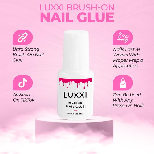 LUXXI Brush On Nail Glue for Press On Nails - Precision Applicator, Quick Air Dry Adhesive for Nail Tips, Artificial & Acrylic, Long Wear Hold, No Uv Lamp Needed | Pink Gel - 0.24oz