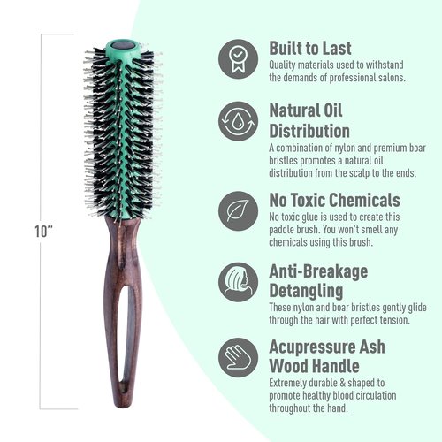 MINT Eco-Friendly Boar Bristle Round Brush - Durable Blowout Styling for All Hair Types | 20 mm Ceramic Handle