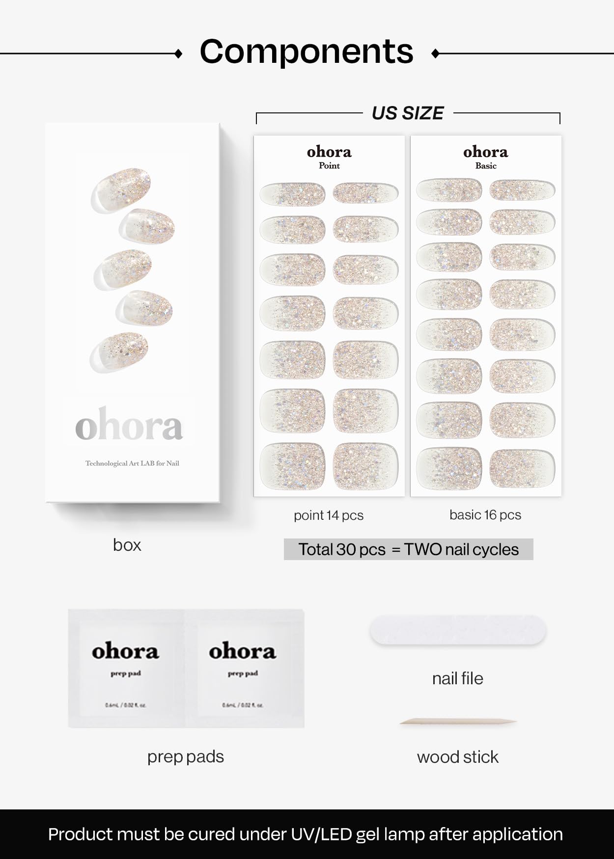 ohora Semi Cured Gel Nail Strips (N Sparkle Glam) - Nude, Glitter, Works with Any UV/LED Lamps, Salon-Quality, Long Lasting, Easy to Apply & Remove - Includes 2 Prep Pads, Nail File & Wooden Stick