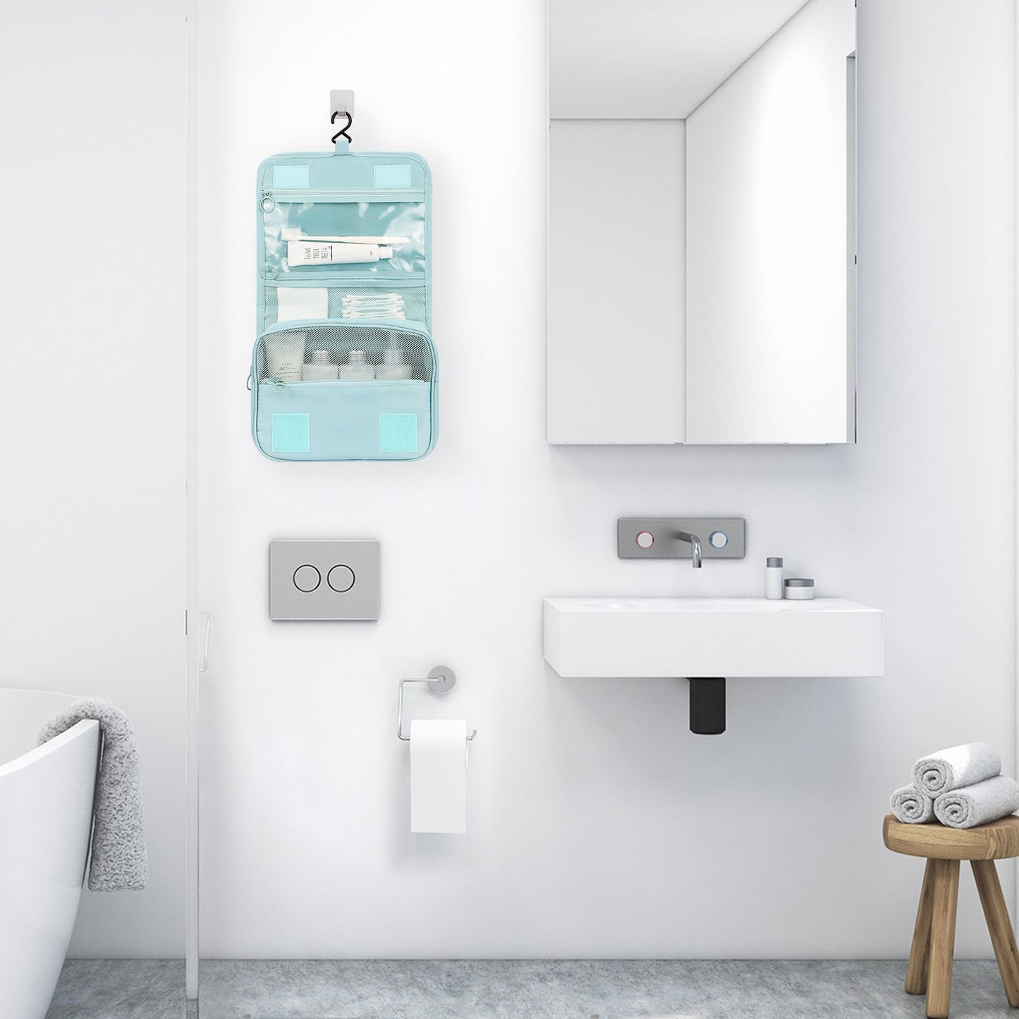 Mossio Hanging Toiletry Bag - Large Cosmetic Makeup Travel Organizer for Men & Women with Sturdy Hook (White Cactus)