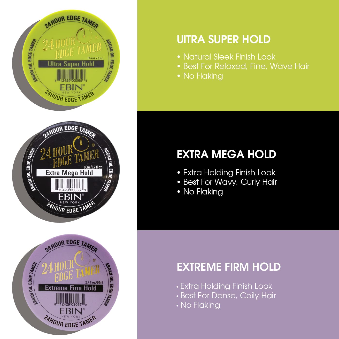 EBIN NEW YORK 24 Hour Edge Tamer, Extra Mega Hold, 5.07oz / 150ml - No Flaking, No White Residue, Shine, Moisture and Prevent Breakage with Castor Oil