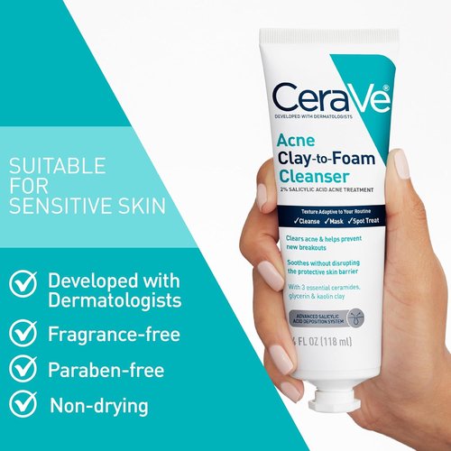 CeraVe Acne Face Wash - Multi-Use Salicylic Acid & Kaolin Clay Treatment | 4oz, Fragrance-Free, Non-Comedogenic