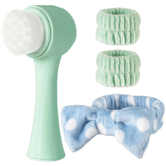 Beomeen Facial Cleansing Brush 2 in 1, Silicone Face Scrubber Dual Face Brush for Deep Pore Cleansing and Exfoliating, Skincare Headband and Wristbands Set for Washing Face, Massaging Spa Makeup, Cyan