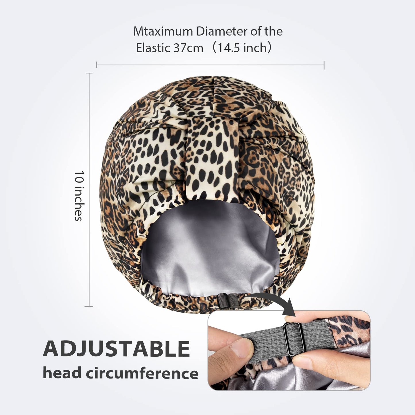 INNELO Luxury Shower Cap for Women Reusable Waterproof, Double Layered Shower Hair Cap with Adjustable Elastic Strap, Large Satin Lined Shower Bath Cap for Long Curly Straight Hair, Leopard