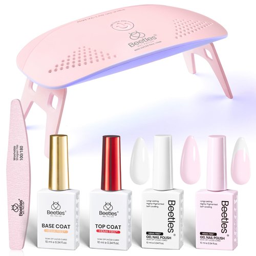 Beetles 2 Colors 10ML HEMA-Free White Pink Gel Nail Polish Kit with U V Light, 6 Pcs Gel Polish Set French Tips DIY Manicure Kit with Base & Top Coat Soak Off Home Salon Gifts for Women Girls Teens