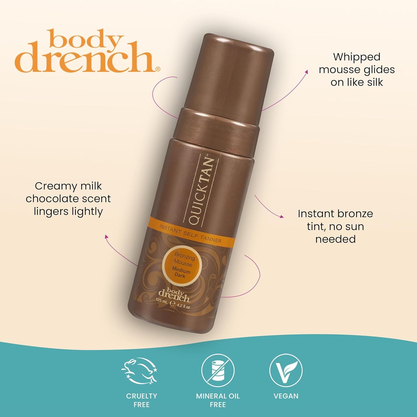 Body Drench QuickTan Self Tanner Mousse - Medium Dark Sunless Tanning Foam for Natural Glow, 4.2 oz