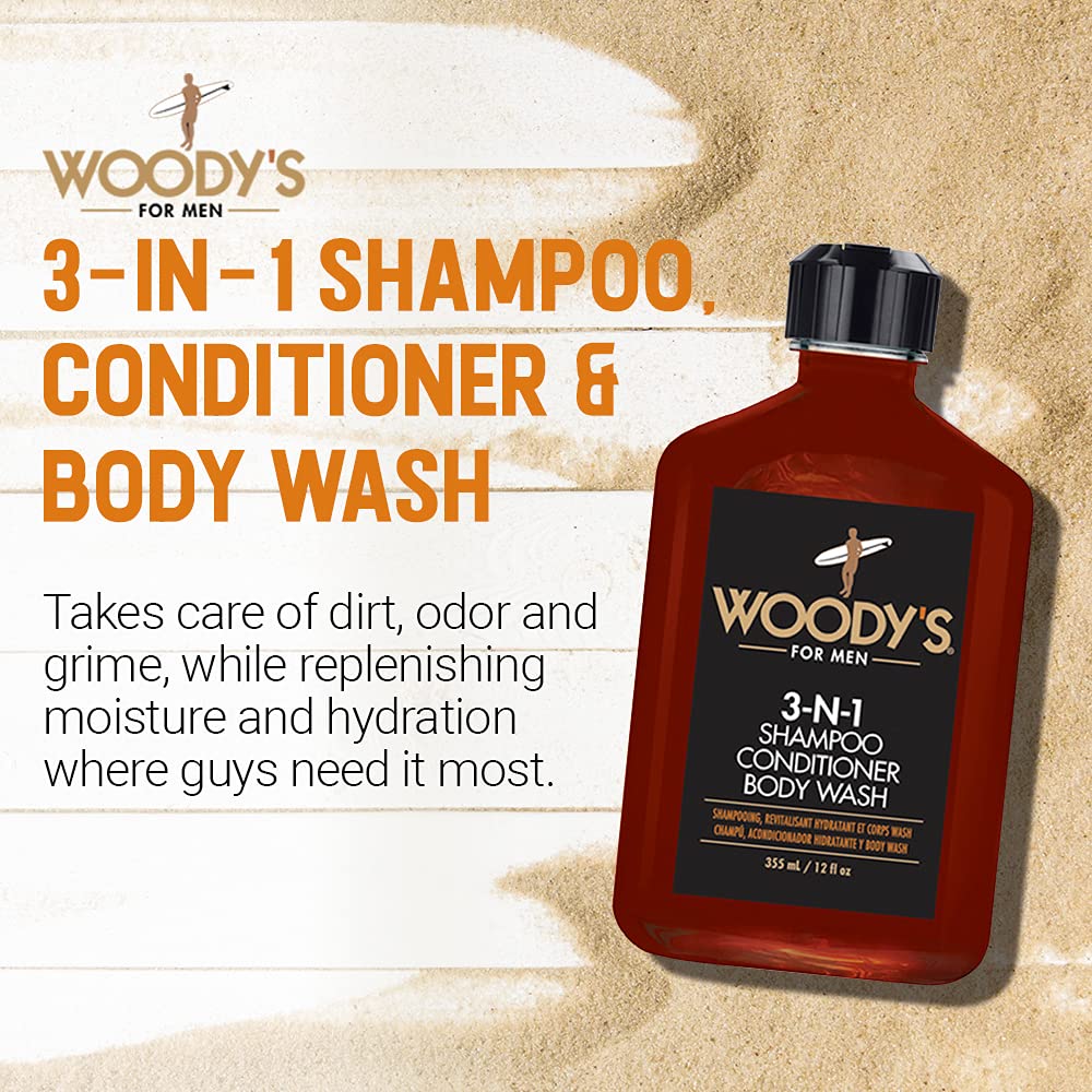 Woody's 3-in-1 Shampoo | Conditioner & Body Wash for Men - Travel-Size All-in-One Cleanser, 12 fl oz