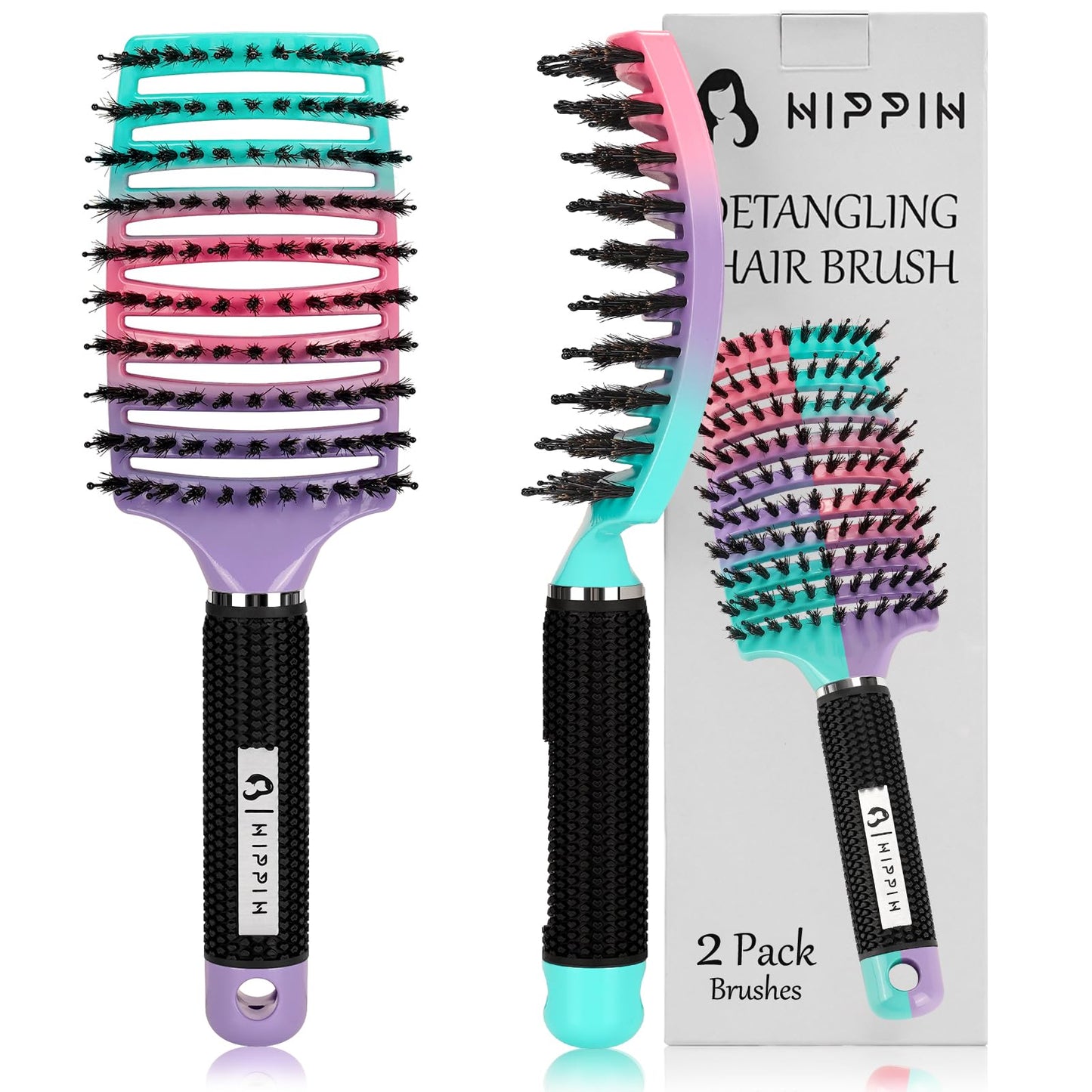 Hair Brushes for Women 2 Pack, HIPPIH Detangler Hair brush for Adult & Kids’ Wet or Dry Hair, Boar Bristle Hair Brush Getting Knots Out without Pain Adds Shine and Makes Hair Smooth