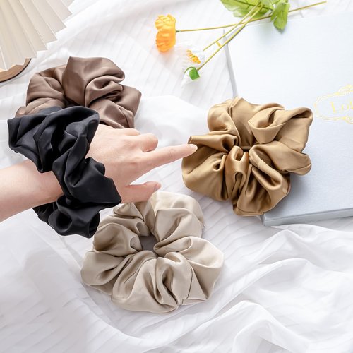 Lolalet Big Satin Scrunchies for Women, 5.9 Inch Large Oversized Scrunchie, Soft Jumbo/Giant Scrunchies Hair Ties for Thick & Curly Hair -4 Pack, Almond/Khaki/Black/Brown