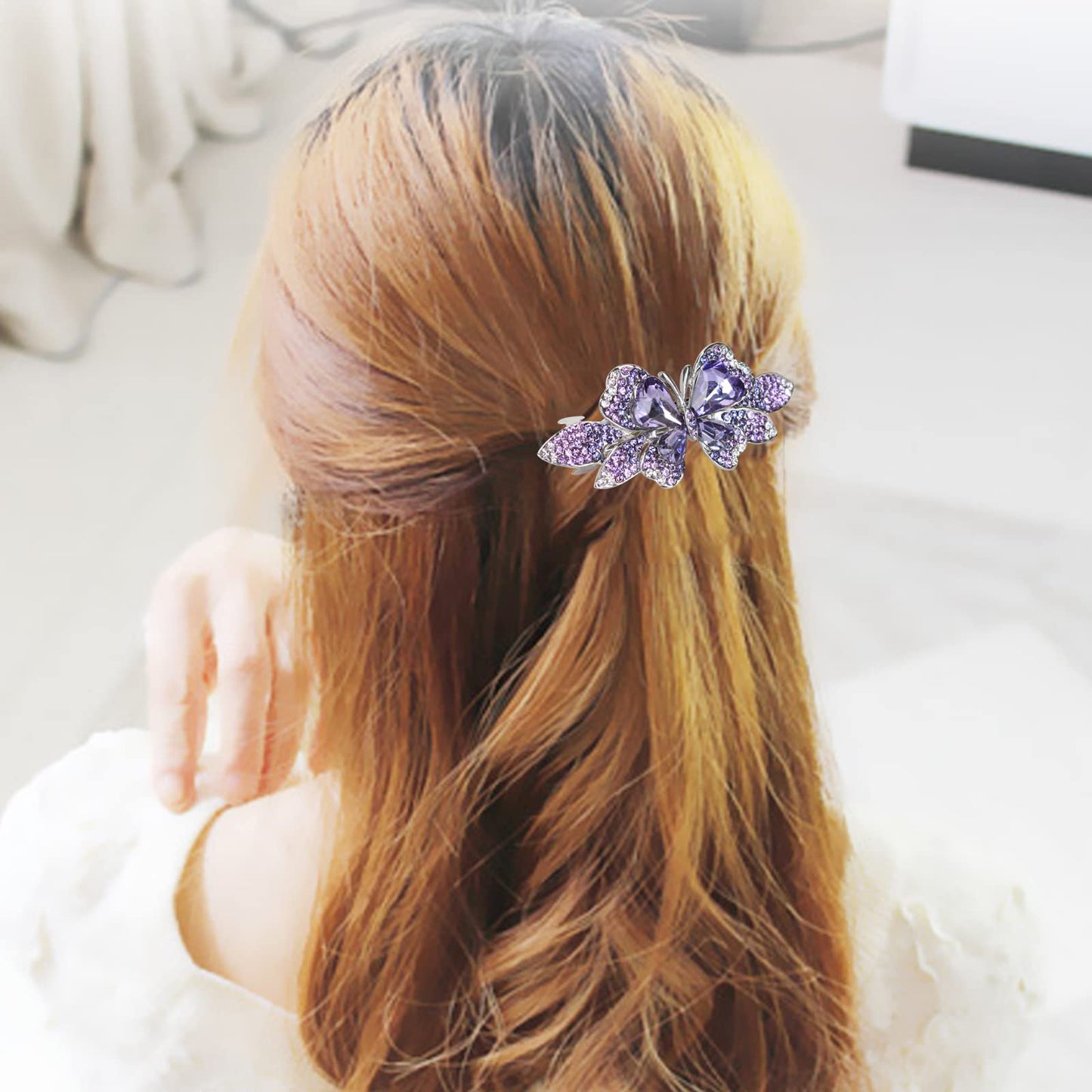 Sankuwen Crystal Rhinestones Hair Barrette French Hair for Women Small Hairpin for Mom Butterfly Hair Clips (Purple)