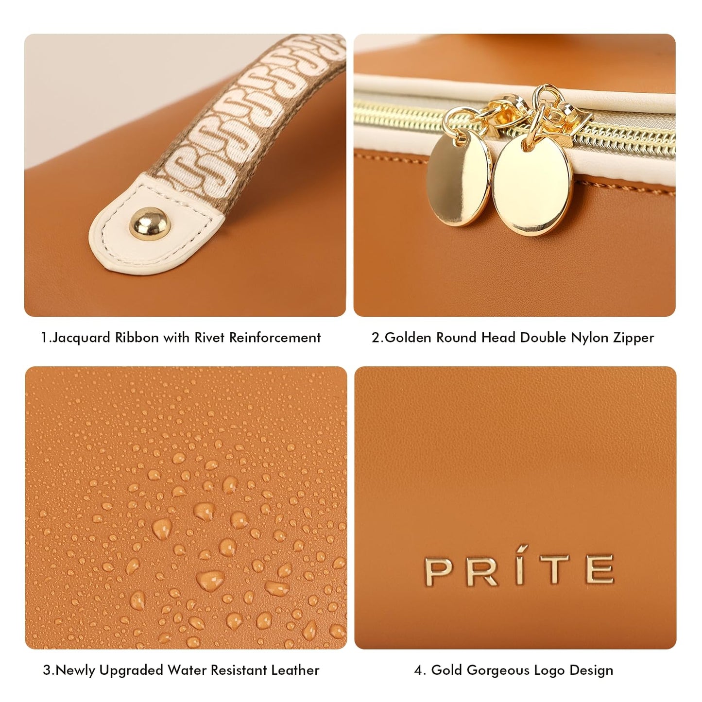 Prite Travel Cosmetic Bag Makeup Organizer Bag For Women Large Capacity Waterproof PU Leather Toiletry Bag with Jacquard Ribbon Handle and Clear Divider(New Brown)