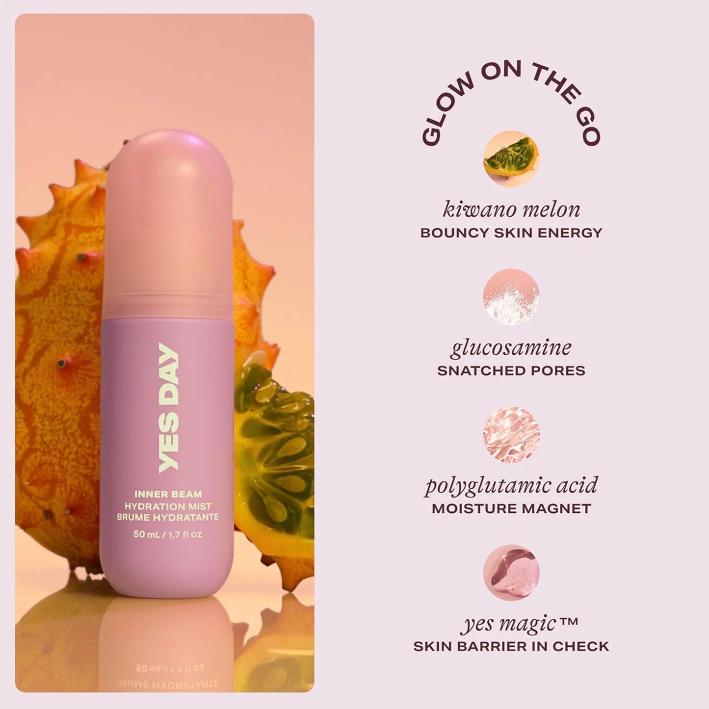 Yes Day Hydrating Face Mist for Teens - Travel Size Facial Spray with Kiwano Melon & Glucosamine (50ml)