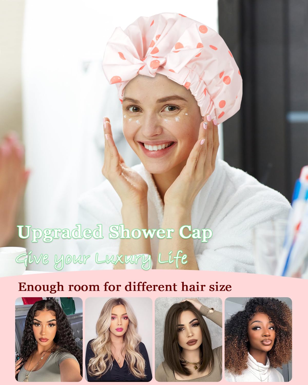 Luvruitaky Shower Cap Luxury Shower Caps for Women Reusable Waterproof Hair Cap for Shower with Adjustable Bowknot Hair Bath Cap (Pink)
