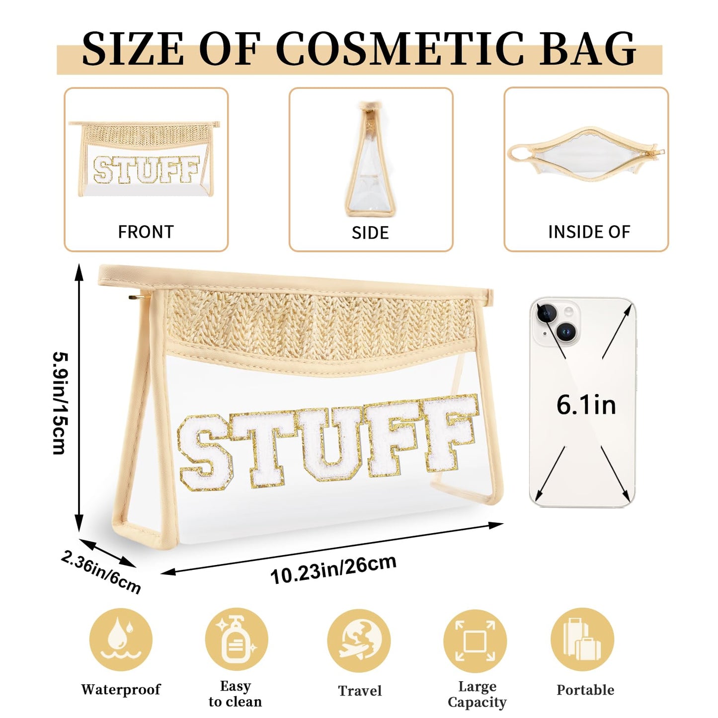 Small Boho Straw Clear Stuff Makeup Bags for Women&Girls, Zipper Cosmetic Bag Chenille Varsity Letter Patch Bag, Preppy Cute Toiletry Pouch, Trendy Organizer Storage Bag for Beach Travel Essentials