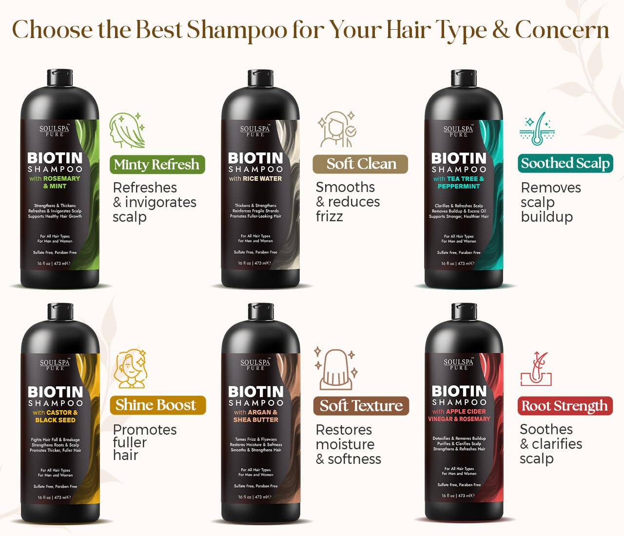 SOULSPA PURE Biotin Rosemary Shampoo and Conditioner Set - Sulfate Free Scalp Care & Hair Strengthening for Thinning, Color-Treated Hair - Rosemary Oil for Men & Women - Made in USA - 16 fl oz Each