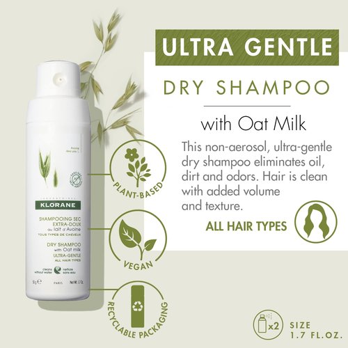 Klorane Ultra Gentle Dry Shampoo with Oat+ - Gentle Formula - Instantly Revives Hair and Eliminates Odor, Dirt, and Oils - Hypoallergenic & Vegan - Paraben & Sulfate-Free