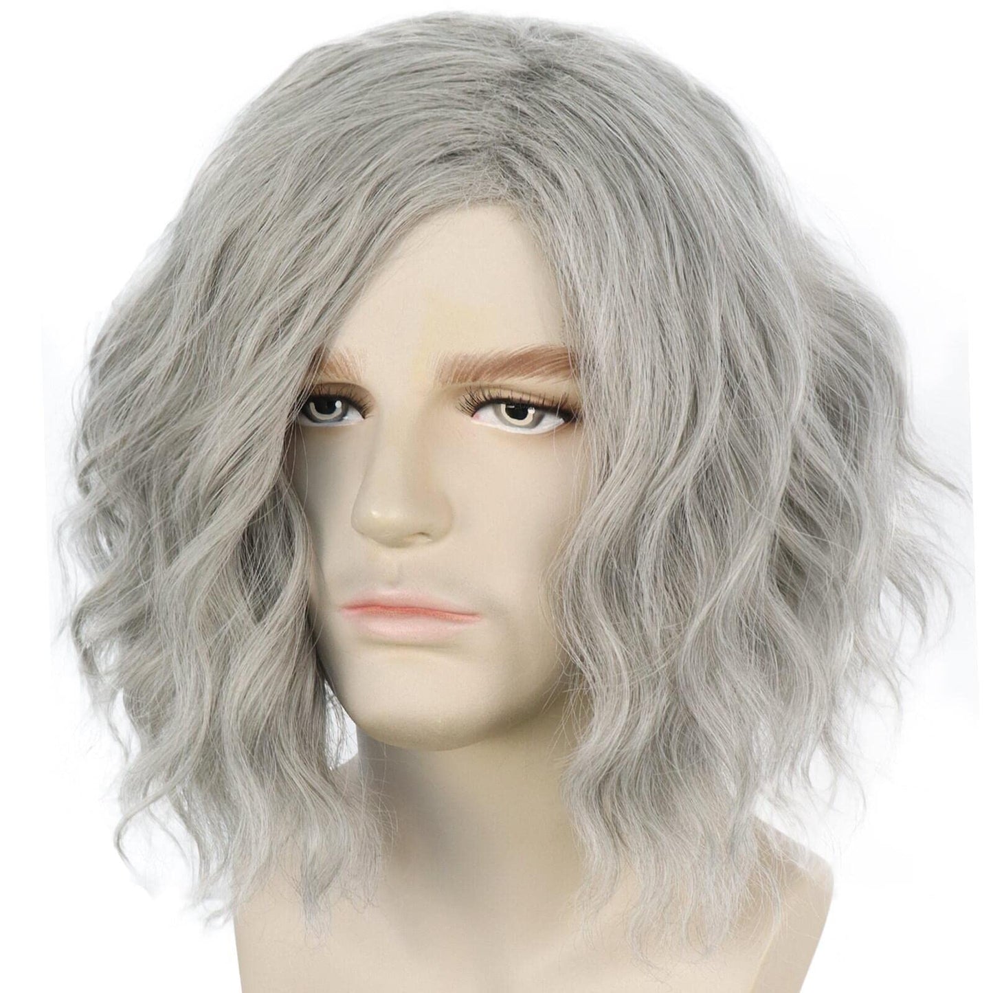 HUNIGIR Gray Mens Wig Short Wavy Wig Silver Gray Male Wig Heat Resistant Synthetic Old Man Halloween Cosplay Costume Wig (Gray)