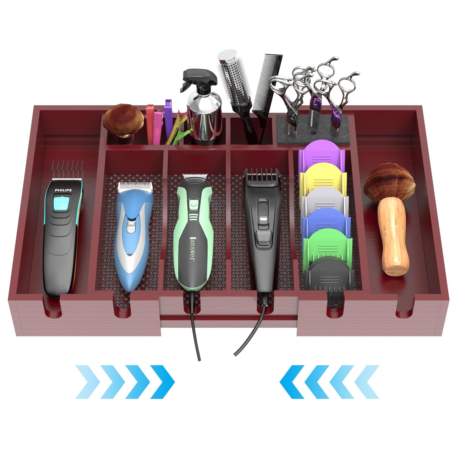 Invech Wooden Barber Clipper Tray with 6 Notches, Anti-slip Barber Station Organizer, Push-pull Hair Clipper Holder and Shaver Storage Box