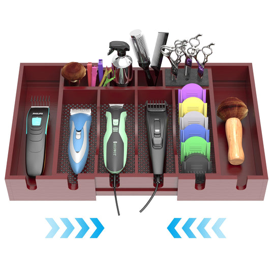 Invech Wooden Barber Clipper Tray with 6 Notches, Anti-slip Barber Station Organizer, Push-pull Hair Clipper Holder and Shaver Storage Box