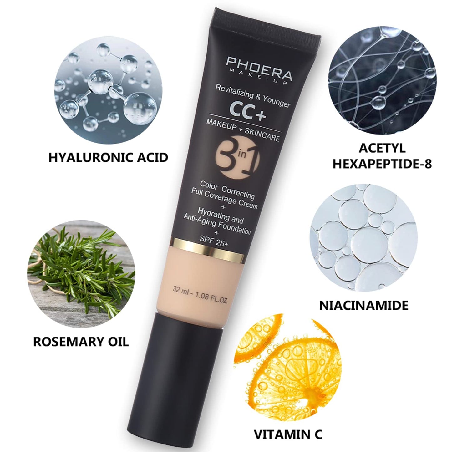 PHOERA CC+ Cream,Full Coverage Foundation，Color Correcting Cream,Anti Aging Hydrating Serum & SPF 25+ Sunscreen - Natural Finish - 1.08 fl oz (160 Sand)