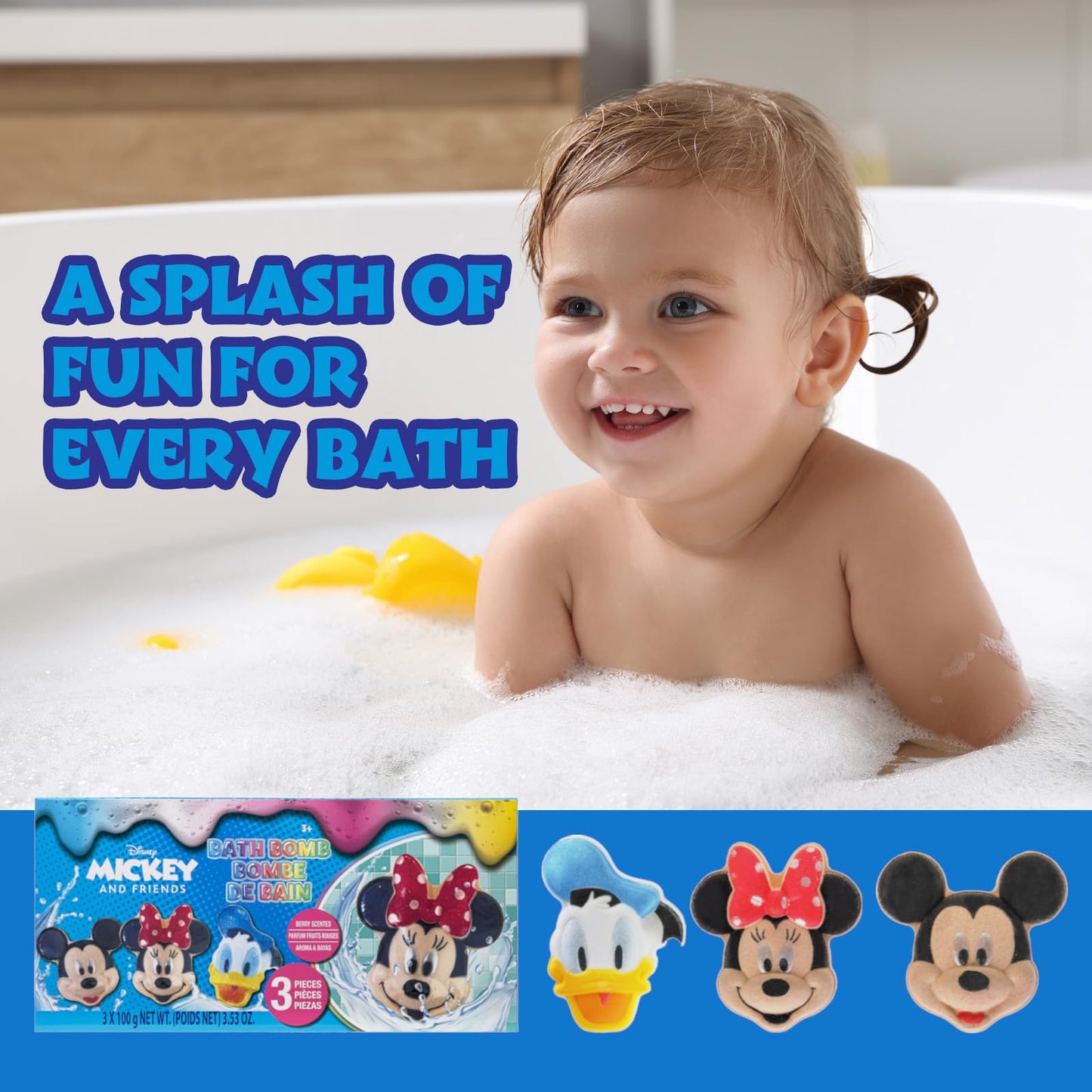 Mickey Minnie and Donald Duck Bath Bombs for Kids, Fun Bright Rainbow Colors, Berry Scented for Kids, Ages 3+, by Townley Girl