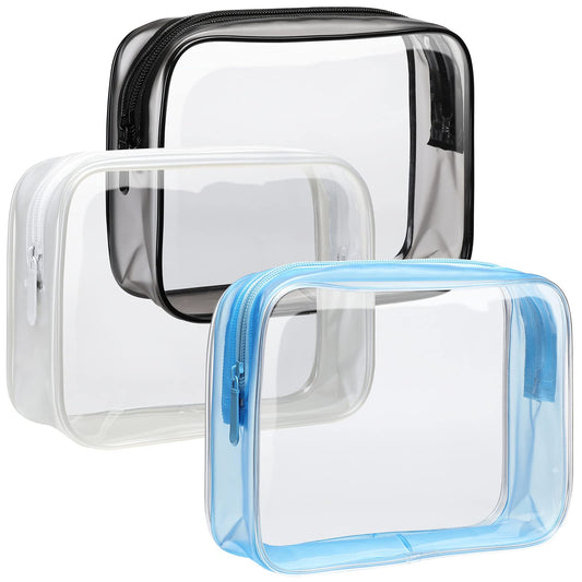 F-color Clear Toiletry Bag - 3 Pack TSA Approved Toiletry Bag Clear Makeup Bag, Travel Clear Cosmetic Bag for Women Men Quart Size Bag, Carry on Airport Airline Compliant Bag, Black, White, Blue