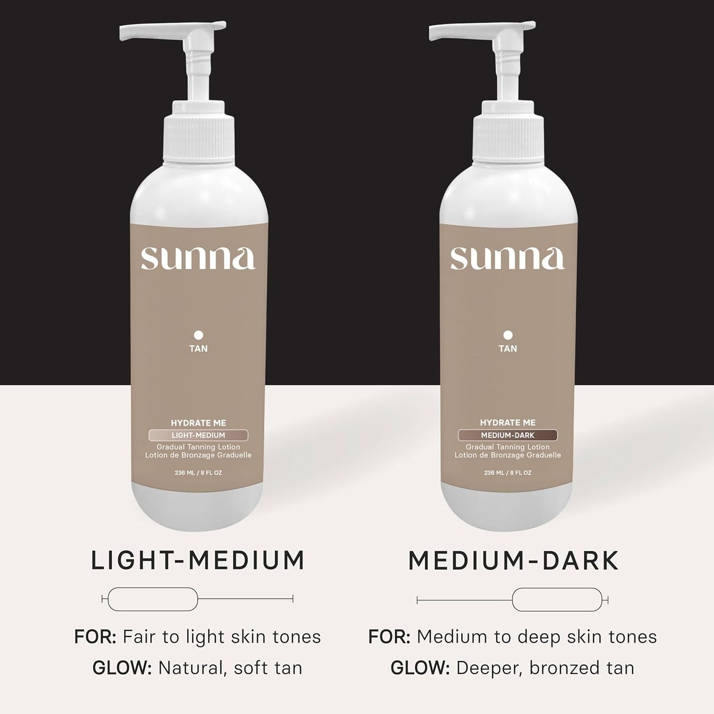 SunnaTan Gradual Self Tanning Lotion - Hydrating Formula with Hyaluronic Acid & Jojoba - Natural Ingredients for a Beautiful Tan (Medium/Dark, 236 ml)