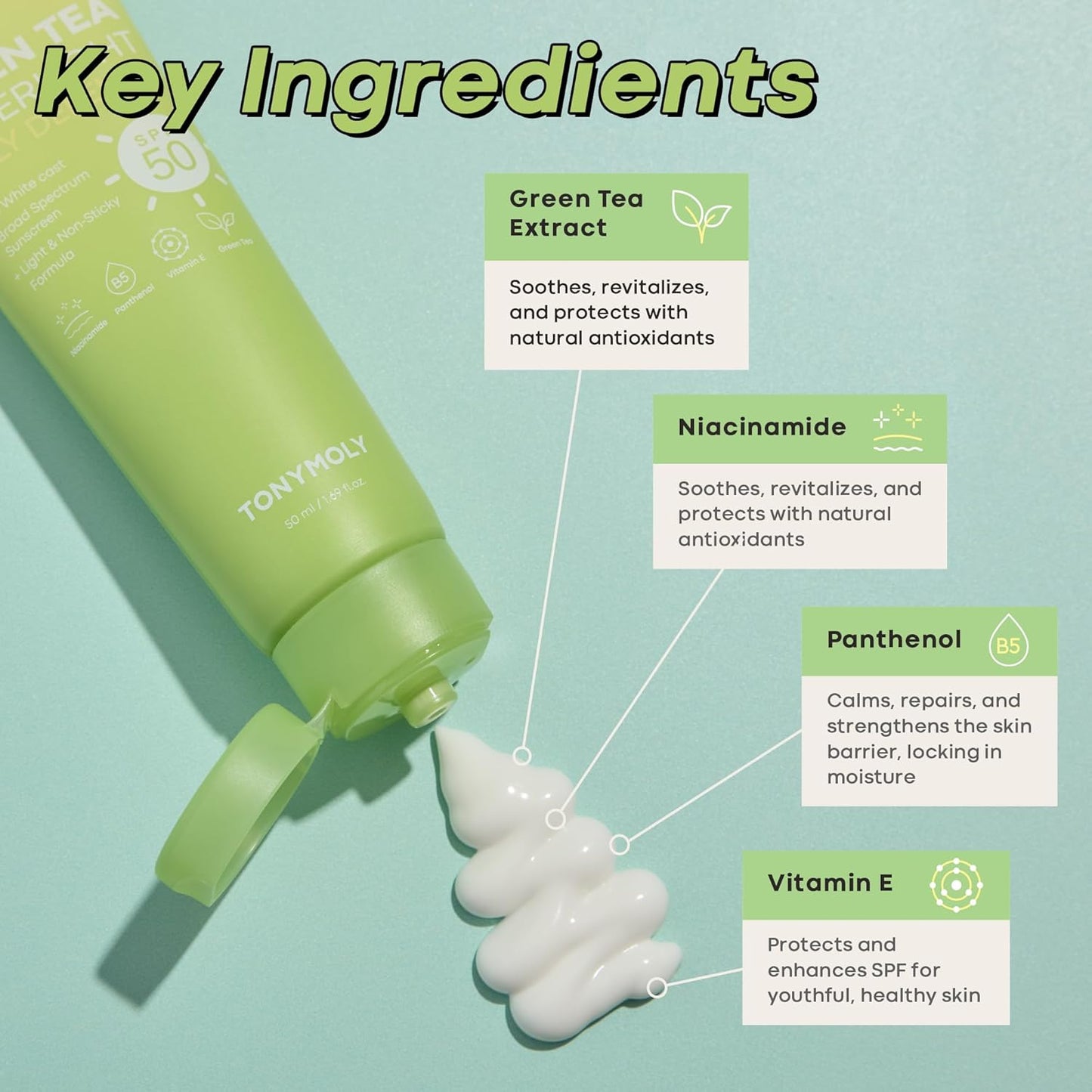 TONYMOLY Green Tea Sunscreen SPF 50 - Non-Greasy Broad Spectrum Face Protection with Niacinamide & Hyaluronic Acid | Travel Size 50ml