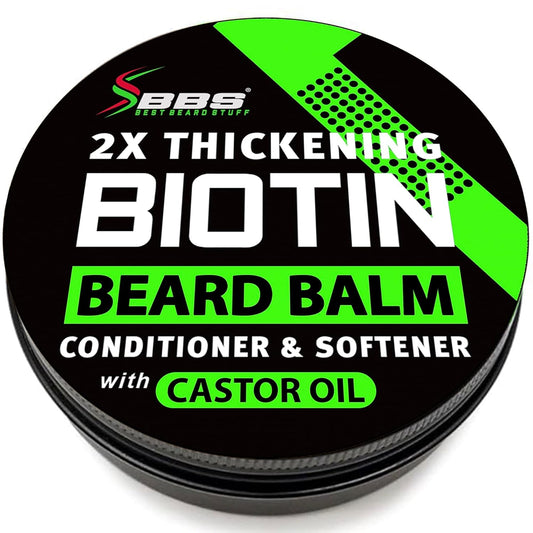 Biotin Beard Balm for Men - Organic Thickening Mustache Wax with Castor Oil - Hydrating Facial Hair Conditioner