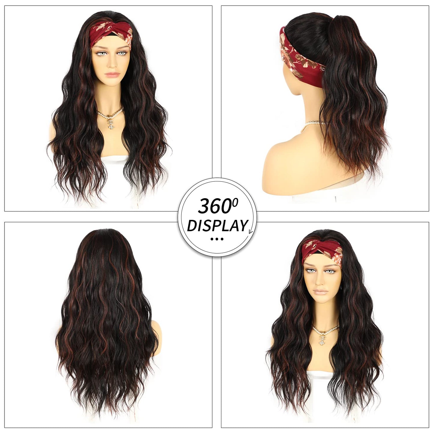 SAPPHIREWIGS Headband Wigs Synthetic Glueless Headband Wig Loose Body Wave Black Mix Red Highlight Color 150% Density Heat Friendly Headband Wigs for Black Women 26inch