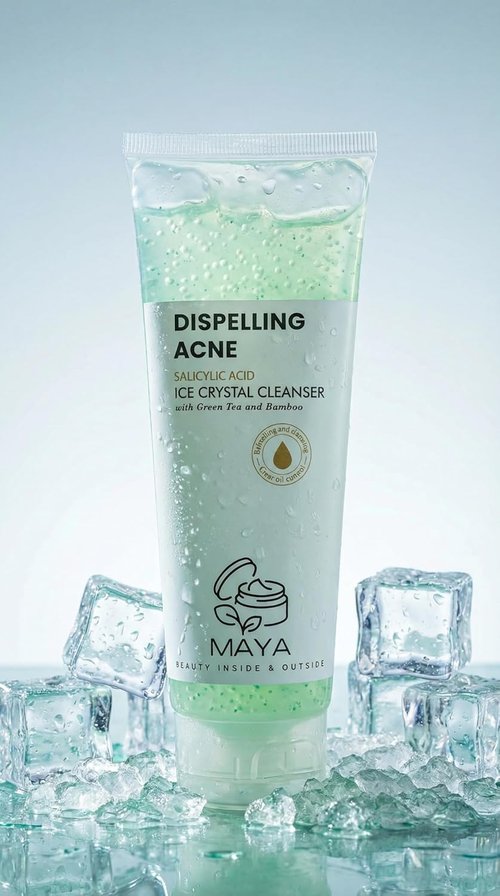 MAYA Ice Crystal Salicylic Acid Cleanser - 2% BHA Acne Face Wash with Green Tea & Bamboo | Exfoliating 120g