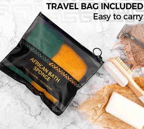 African Net Loofah Sponge - 2 Pieces Black Owned Authentic Body Sponges - Exfoliating Wash Cloths for Showering Yellow & Forest - Back Scrubber Exfoliator Shower Sponge for Body Bath Accessories