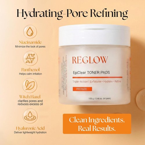 ReGlow EpiClear Toner Pads - Exfoliating Facial Pads with PHA, AHA, BHA & Niacinamide | Hydrating Pore Care - 60 Count