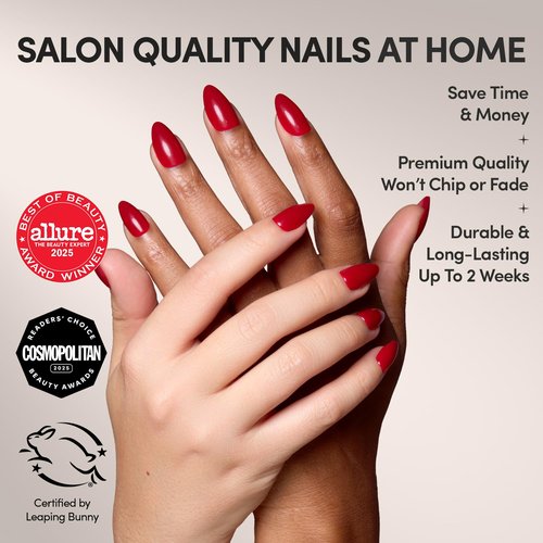 Glamnetic Press On Nails - Classic Red | Opaque Cool Tone, Timeless Red Short Almond Fake Nails, Salon Quality | 15 Sizes - 30 Nail Kit with Glue