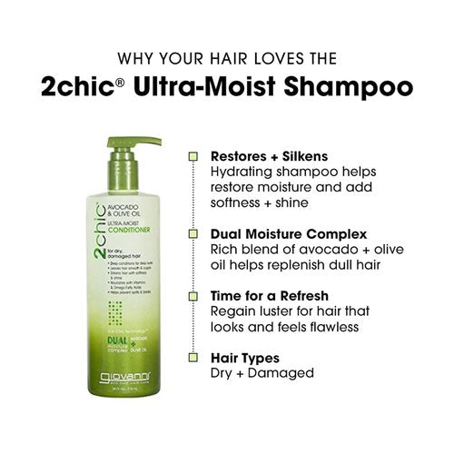 Giovanni 2Chic Ultra-Moist Shampoo & Conditioner Set - Avocado & Olive Oil for Natural Growth | 24 Fl Oz (Set of 2)